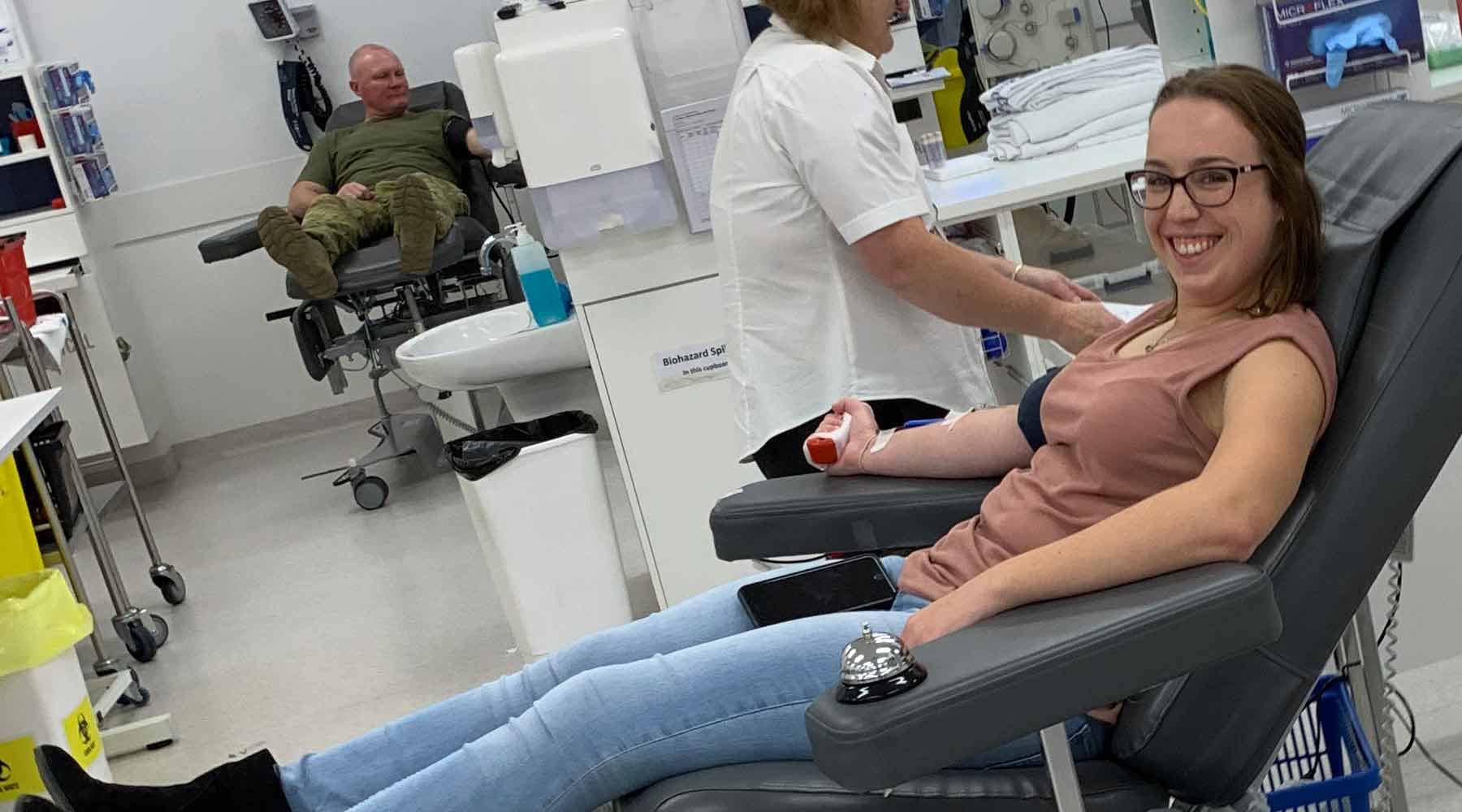 Emma getting her blood drawn at the Australian Red Cross Lifeblood